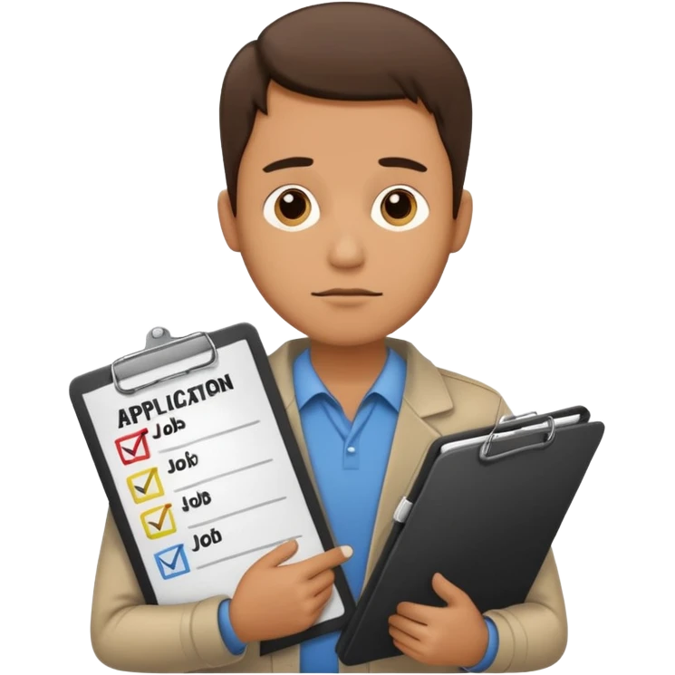 Man looking sad while holding a clipboard with a checklist that has a heading that says job application  emoji
