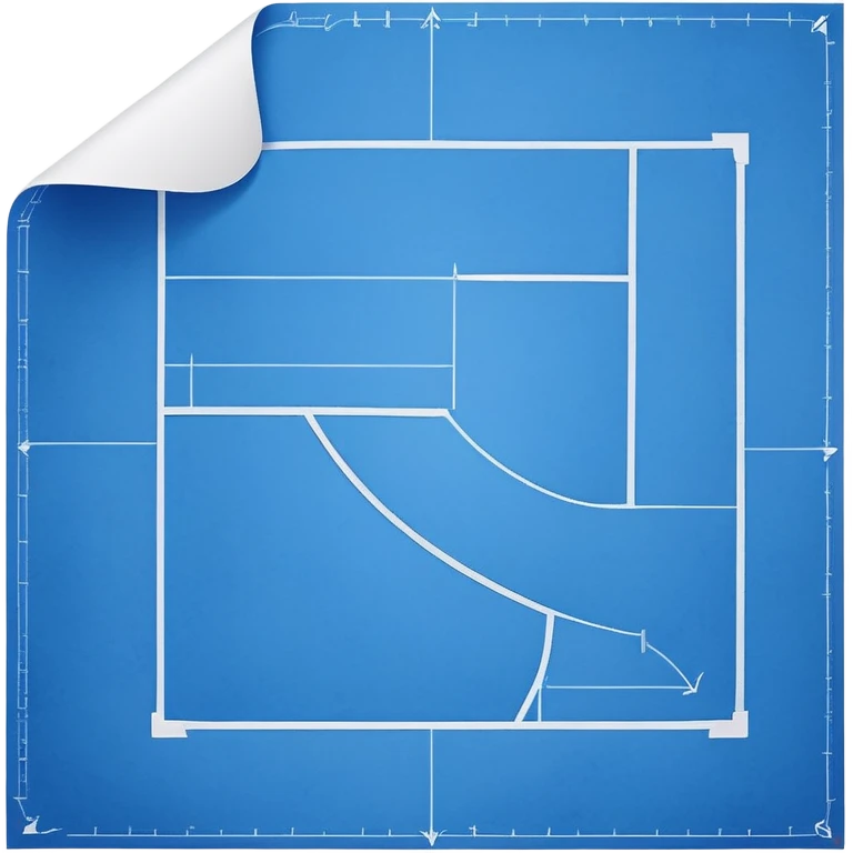 side view of a blue blueprint plan with white lines and a curled corner emoji