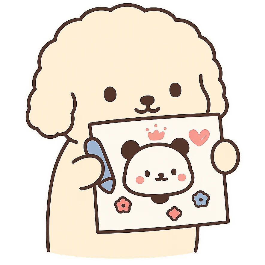 Transform the image into a WhatsApp sticker by removing the background, leaving only the cute dog holding the drawing. Add a thick white border around the dog for a sticker effect, enhance the outline to make the visual cleaner and more fun. emoji