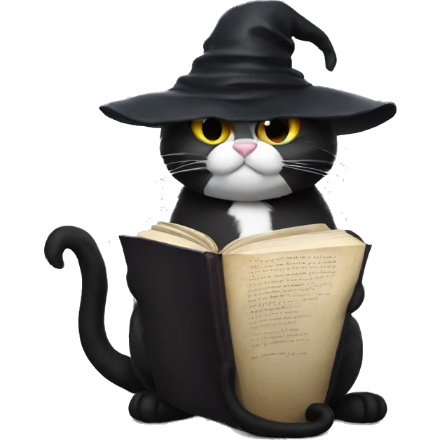A black cat wearing a black wizard hat reading a book emoji