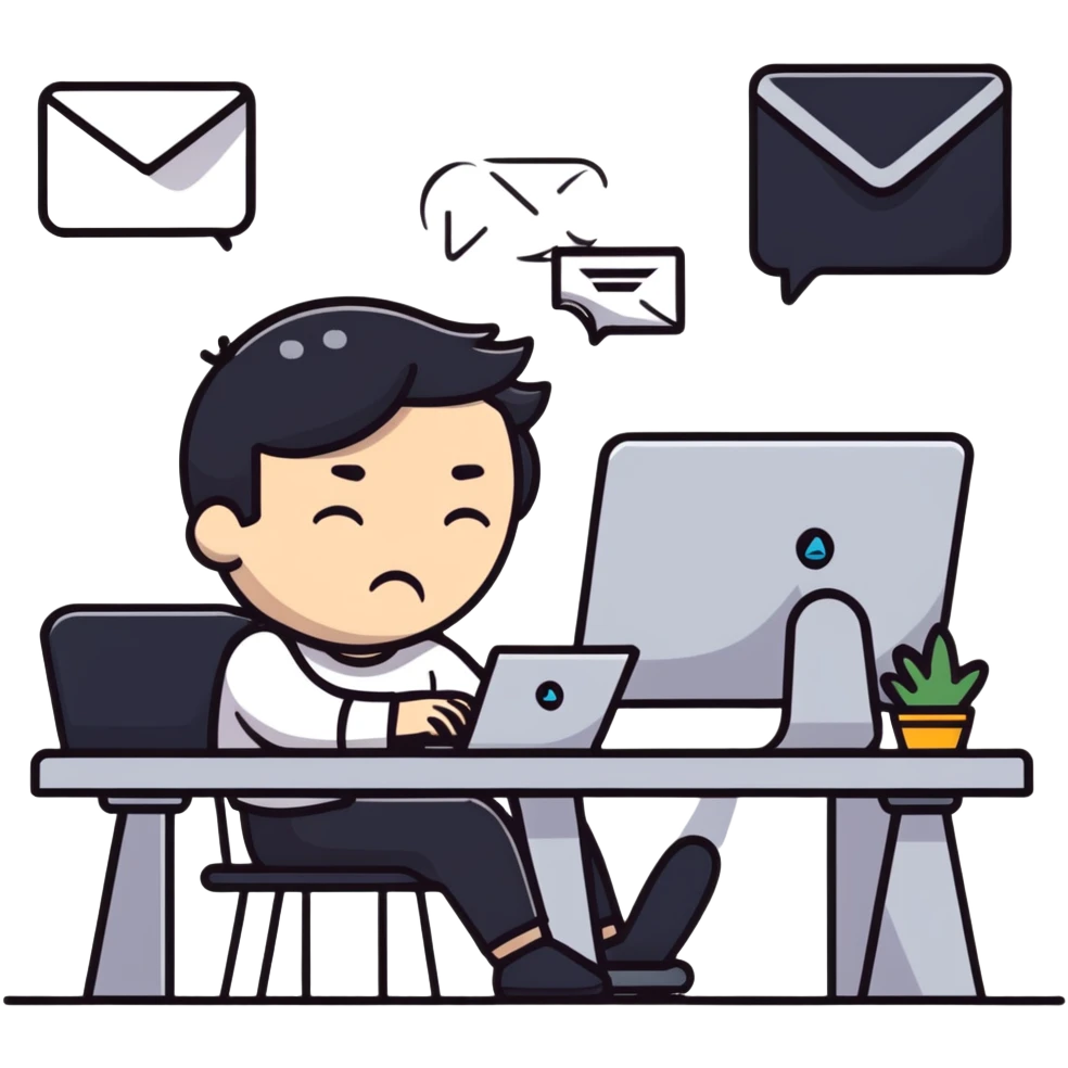 Person taking a deep breath with eyes closed, sitting at desk with email notification on screen emoji