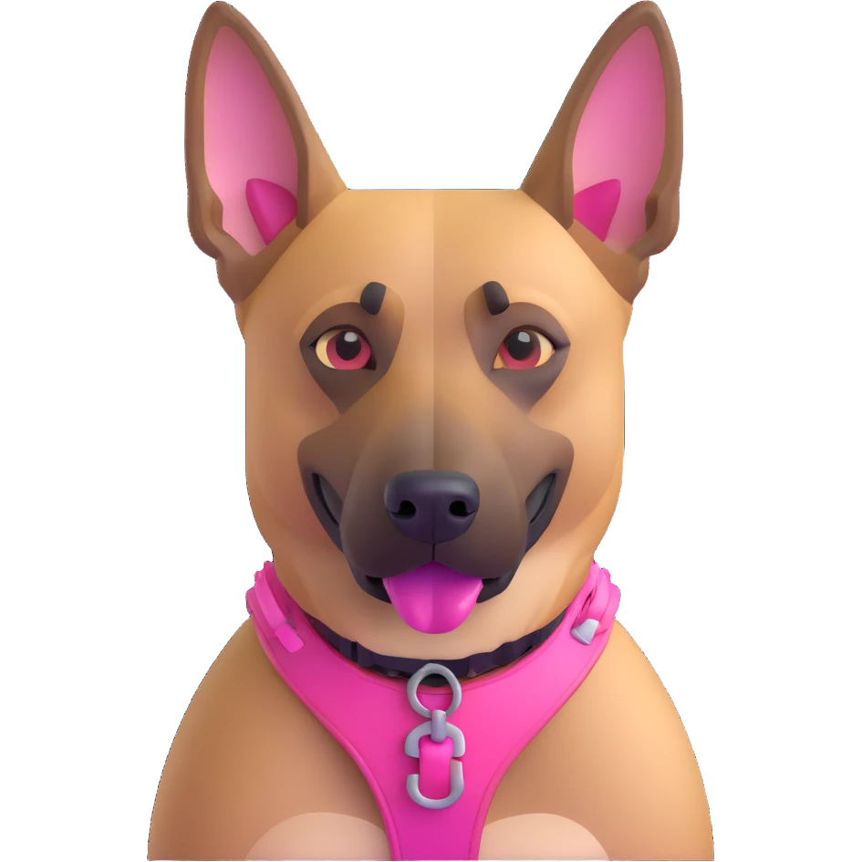 Add a pink harness, pink muzzle, and pink collar to the Belgian Malinois dog, keeping the 3D emoji iOS 18 style emoji