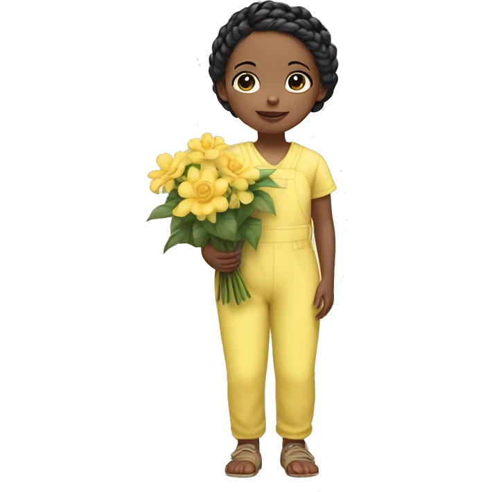 a small child with white skin and black hair in braids wearing a pastel yellow jumpsuit and carrying a flower arrangement in her hands emoji