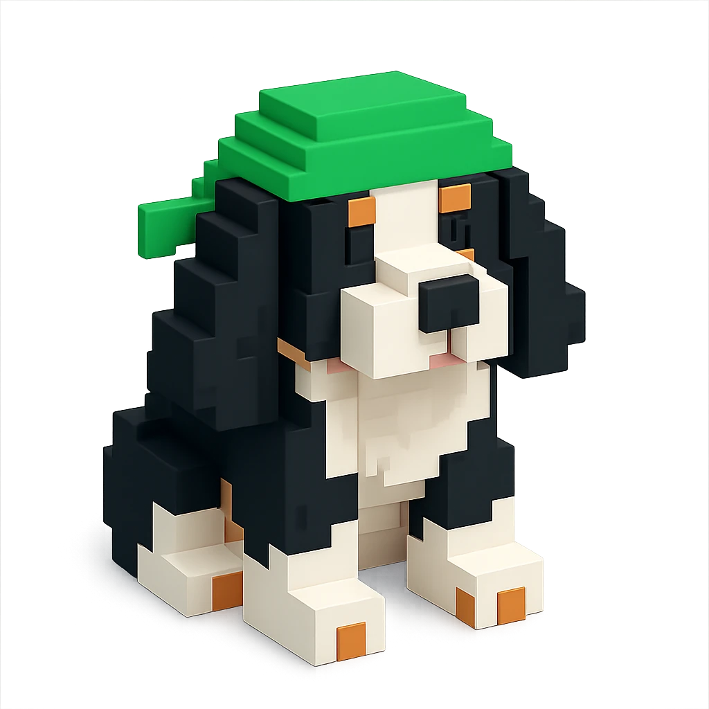 A black and white Russian Cocker Spaniel puppy wearing a green durag, voxel style, sitting emoji
