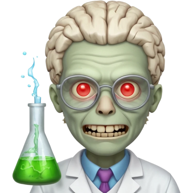 mad experiment zombie scientist portrait, head and shoulders only, exposed brain glow, broken glasses, evil grin, horror lab vibe, 3D cartoon, mobile game icon style, clean background, no text, no watermark
 emoji