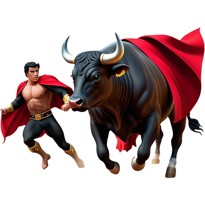 ​Cinematic Realistic black charging bull, against a matador depicted in a flowing red cape, captured in the dramatic moment of confronting a charging bull in a traditional bullring, rendered with dynamic motion and dramatic lighting that encapsulates the intensity and artistry of the spectacle, emoji