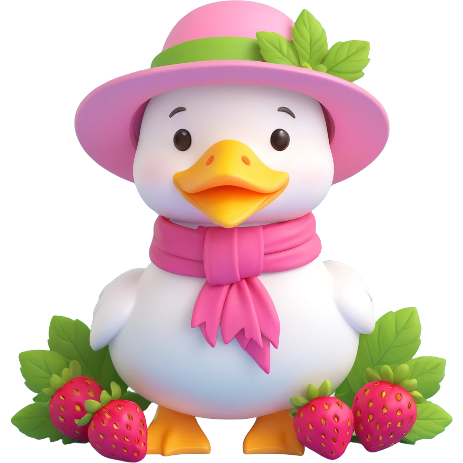 A cute duck character wearing a sun hat and scarf, surrounded by strawberries, kawaii, white duck with a pink hat and yellow scarf, red strawberries with green leaves. emoji