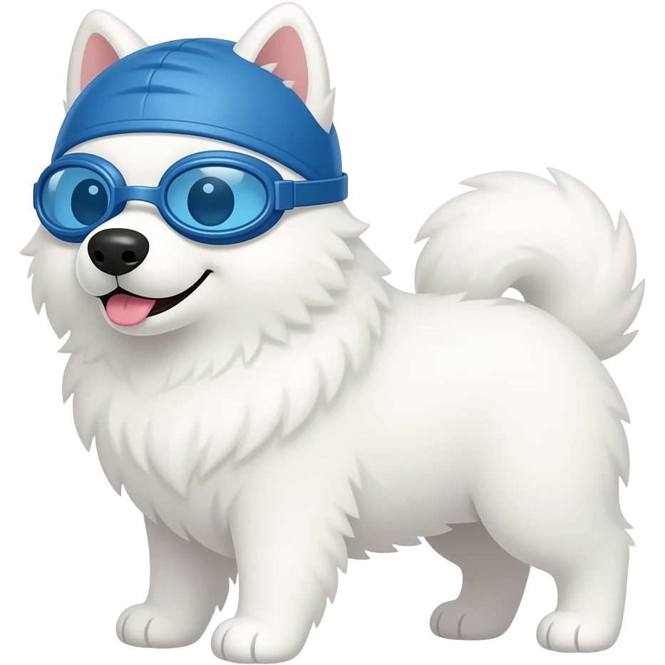 Make a samoyed that has swimming goggles and a swimming cap on , make the ears be inside the cap emoji