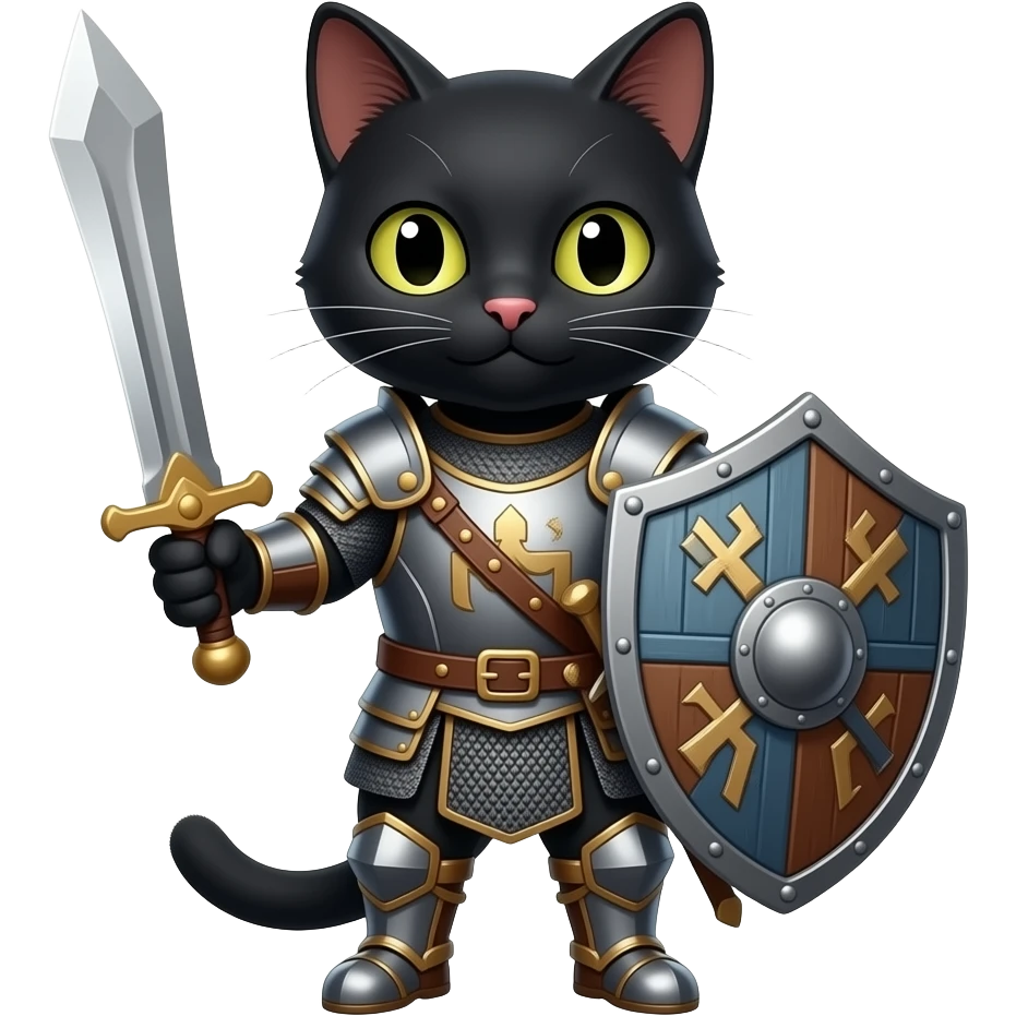 чорнйи кіт  в слов'янських обладунках з мечем та щитом в повний зріст emoji