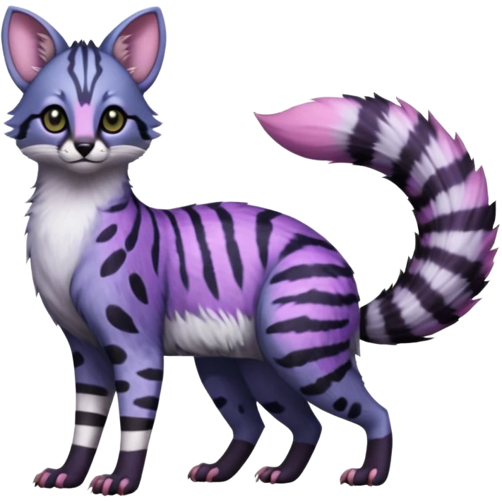 Beautiful fluffy elegant spotted dotted thick puffy hyper-realistic lifelike furry Indigo, purple, violet, pink, Civet-Genet-Possum-Serval-Caracal-Sergal-Trico-Numbat-Furret-fusion-Fakemon-hybrid-creature (full body) with long tufted ears and a striped tufted tail  emoji