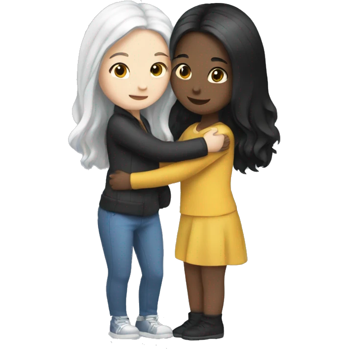 Two girls hugging. Both have long black hair and white skin emoji