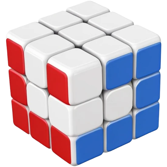 A partially solved 3x3 Rubik's Cube with only blue, red, and white colors, simple clean iOS emoji style emoji