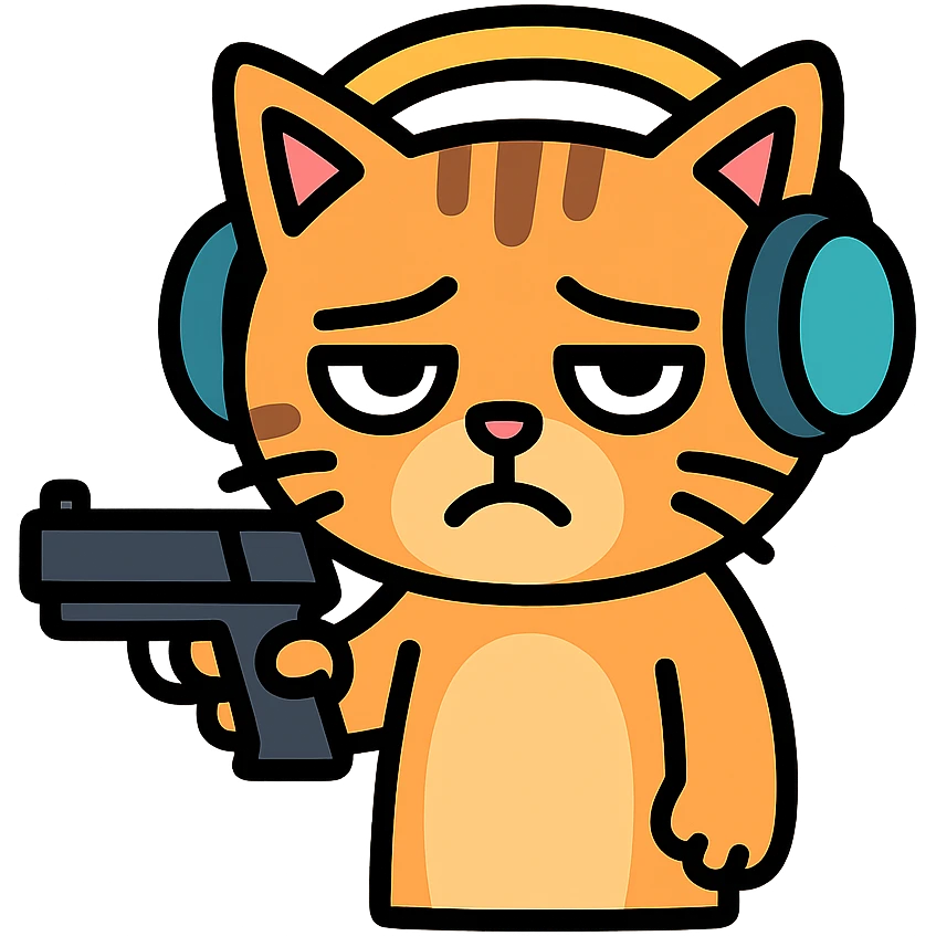 tired sad cat holding a gun, wearing headphones, colored icon emoji