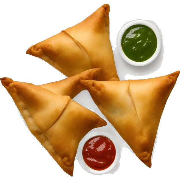 Samosas with red and green chutney on the side emoji