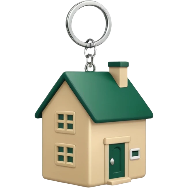 keychain in the shape of a house, dark green house, light beige keys and ring, emoji style emoji