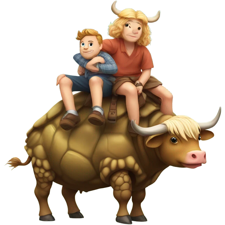 turtle getting a piggy back ride from a highland cow emoji