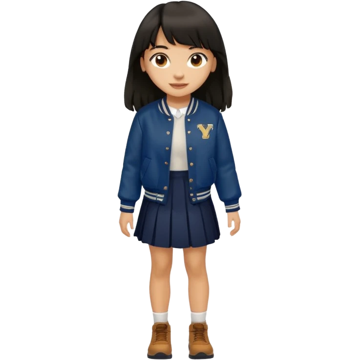 black color long hair with fringe, light skin long hair girl with brown varsity jacket and navy long skirt walking

 emoji