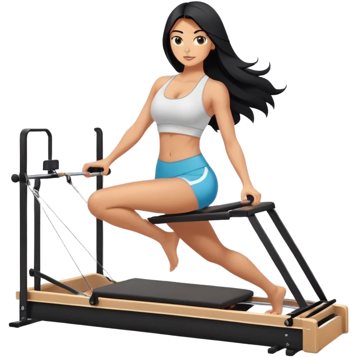 woman with tanned skin, long black hair, wearing a sports bra, doing exercise on a Pilates reformer machine emoji