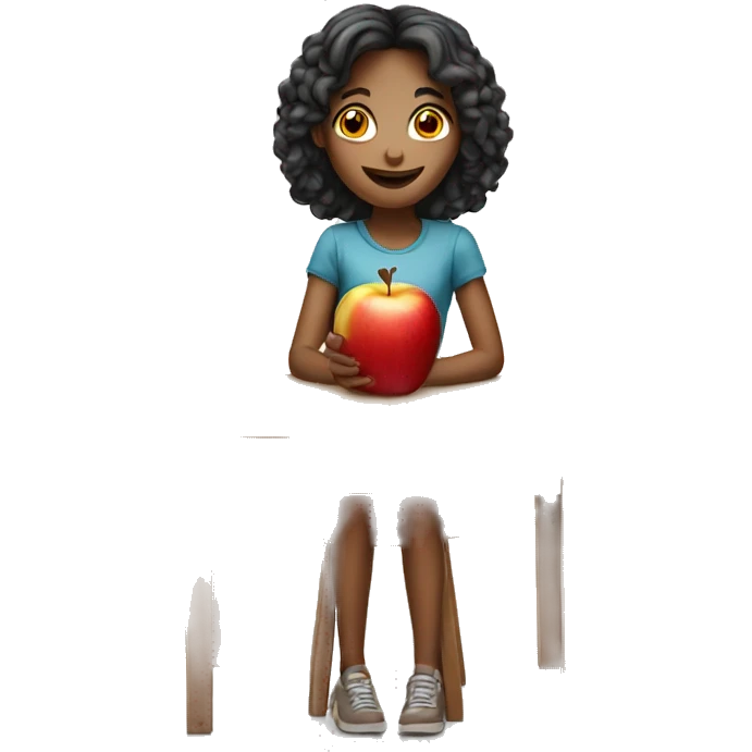 A girl on a table with an apple emoji