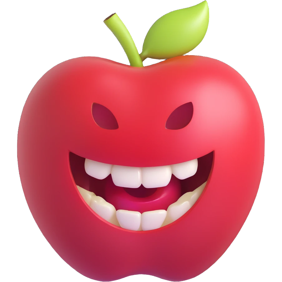 happy face mid-bite into a shiny apple, clear bite mark, bright and glossy, fun and lively emoji