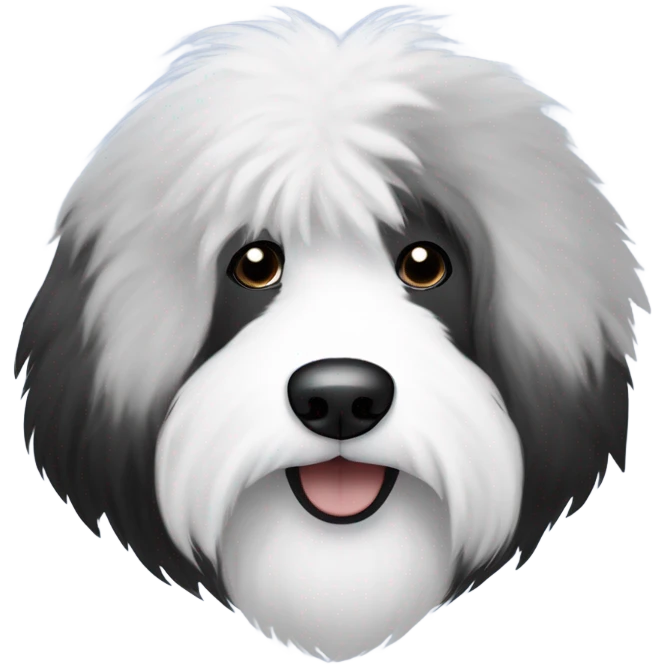 Fluffy Old English sheepdog face with the left half of his face white and the black half of his face black. White around the mouth and nose emoji