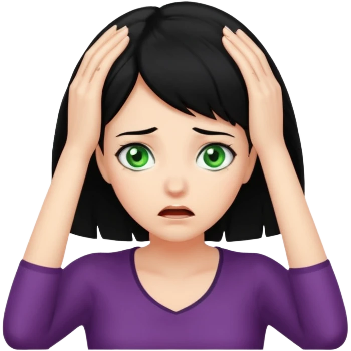 A realistic waist-up portrait of a frightened woman with her hands on her head, black hair and green eyes emoji