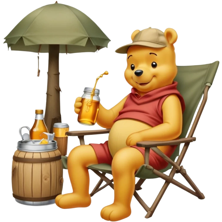 Winnie the poo drinking beers at a campsite with a jar of honey in his camp chair  emoji