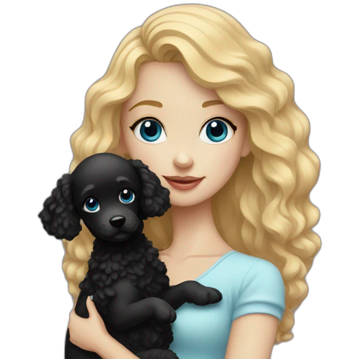 blonde girl with blue eyes holding black puppy poodle emoji