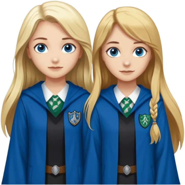 a pretty ravenclaw girl with long brown hair and blue eyes standing with a hot Slytherin girl with long blonde hair, blue eyes emoji