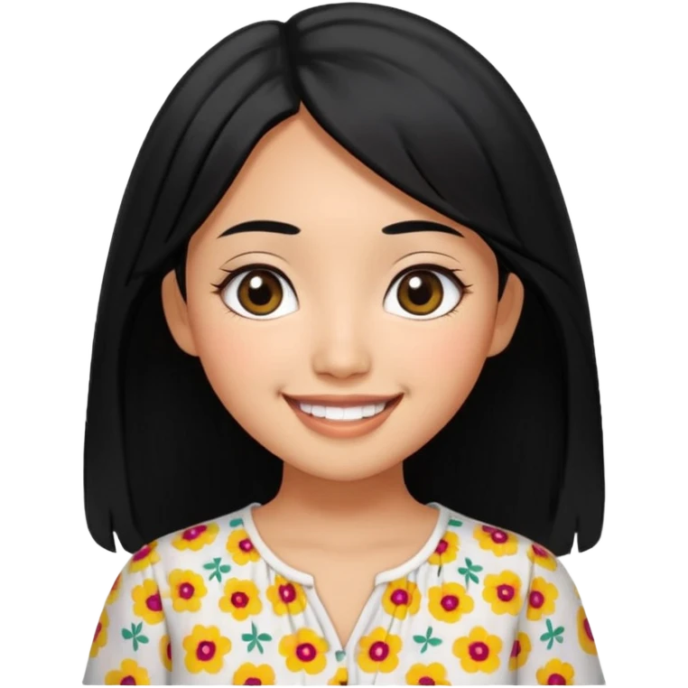20 yr old asian woman hair white blouse with black dots center part big eyes big smile tanned skin straight black hair hippie part hair  emoji