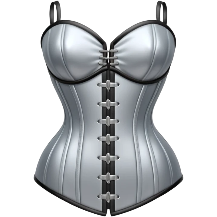 A luxury corset emoji made of silver chrome, smooth metallic curves, minimal fashion silhouette, glossy reflections, sensual high-end aesthetic, iOS emoji style, centered, clean white background emoji