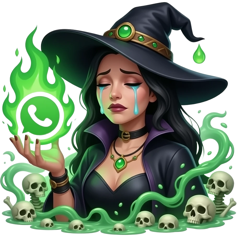 A dark sorcerer’s evil woman is crying expression, she is hand holding a WhatsApp logo burning with green magical flames, liquid creams, text below: 'HAVE YOU MOVED HERE?'. Cinematic lighting, high-contrast emoji, disgusting, dead, valley of head bones in background emoji