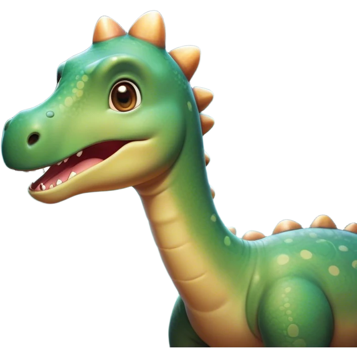 Cinematic Cute Brontosaurus Portrait Emoji, Head tilted playfully with a gentle smile, featuring a charming, massive form with an elongated neck and a small, endearing head adorned with bright, curious eyes, Simplified yet irresistibly adorable features, highly detailed, glowing with a warm, inviting prehistoric glow, high shine, affectionate and lively, stylized with a touch of whimsical ancient charm, soft glowing outline, capturing the essence of a playful Brontosaurus that seems as if it could amble out of the screen into your arms! emoji