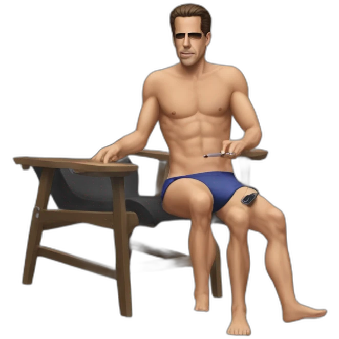 hunter biden wearing only a bikini sitting in a chair acting out the basic instinct scene (full body, apple ios17) smoking a clear pipe emoji