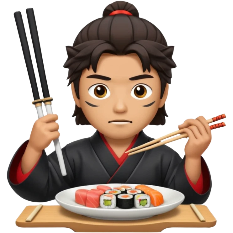 Man with wide eyes eating sushi in a samurai outfit wide eyes emoji