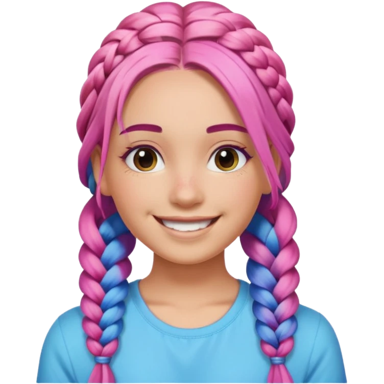 Woman with braided rainbow hair, happy — long braids fading from pink to blue emoji