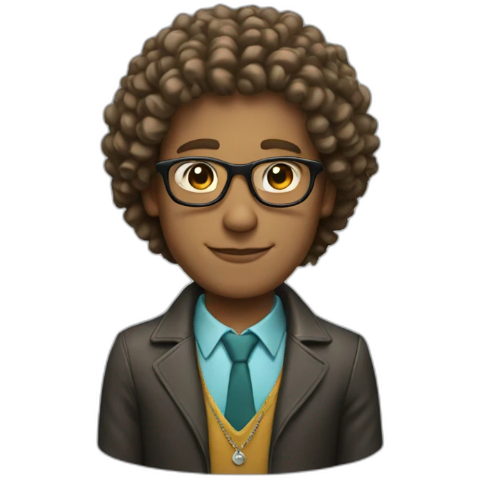 white man with curly hair, glasses, a jacket and a necklace emoji