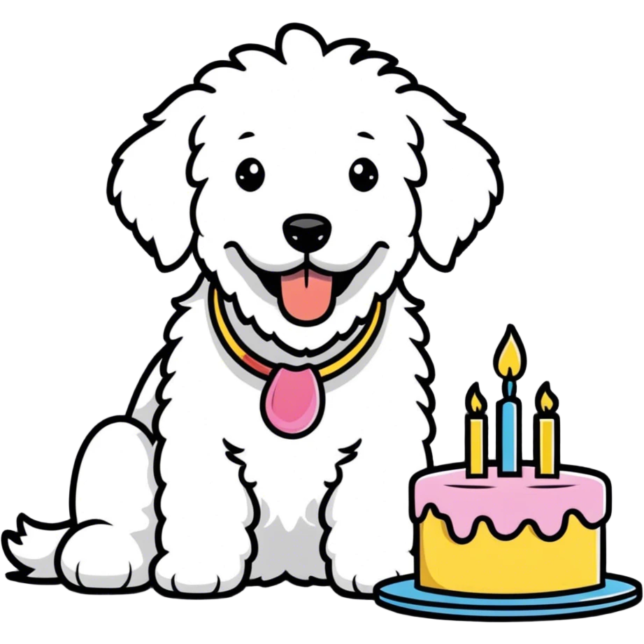 Shaggy large White Goldendoodle eating birthday cake  emoji
