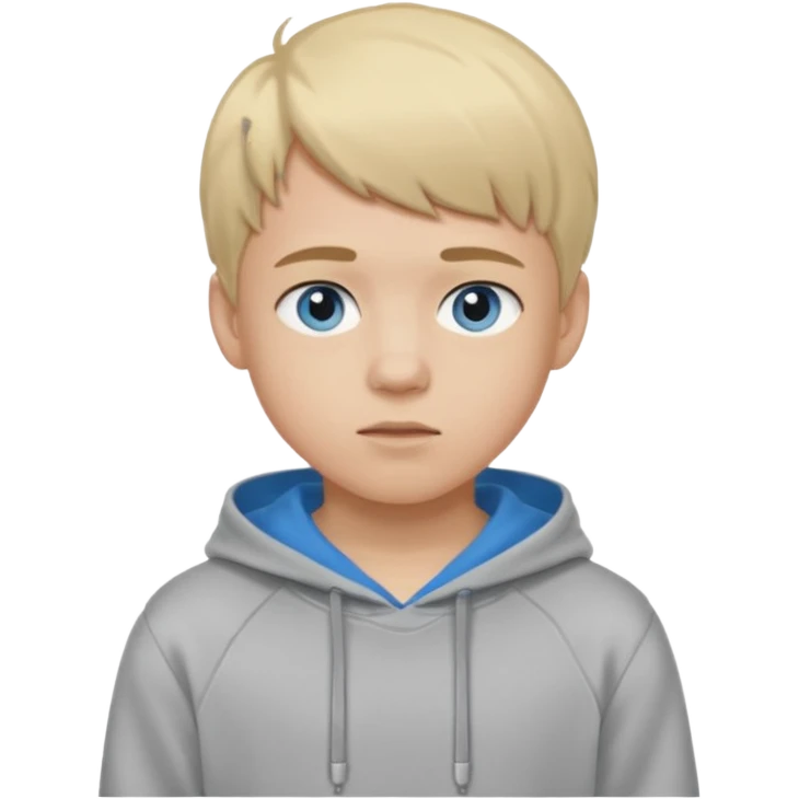 Teen boy with blue eyes and a Grey hoodie who stands up with blond short hair and short bangs emoji