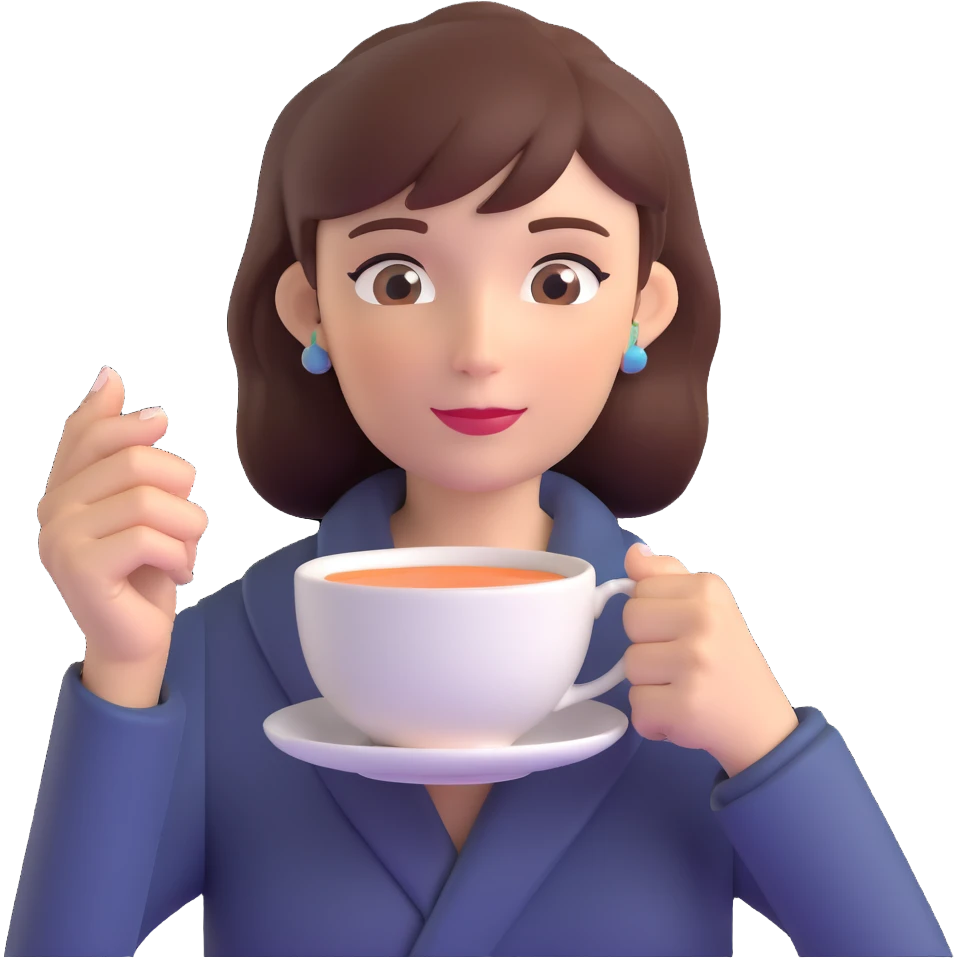 Elegant British woman with perfect hand posture holding teacup, focus on accurate hand anatomy emoji