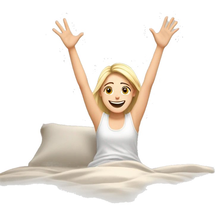 Happy pale girl wakes up in bed and stretches hands up in the air  emoji