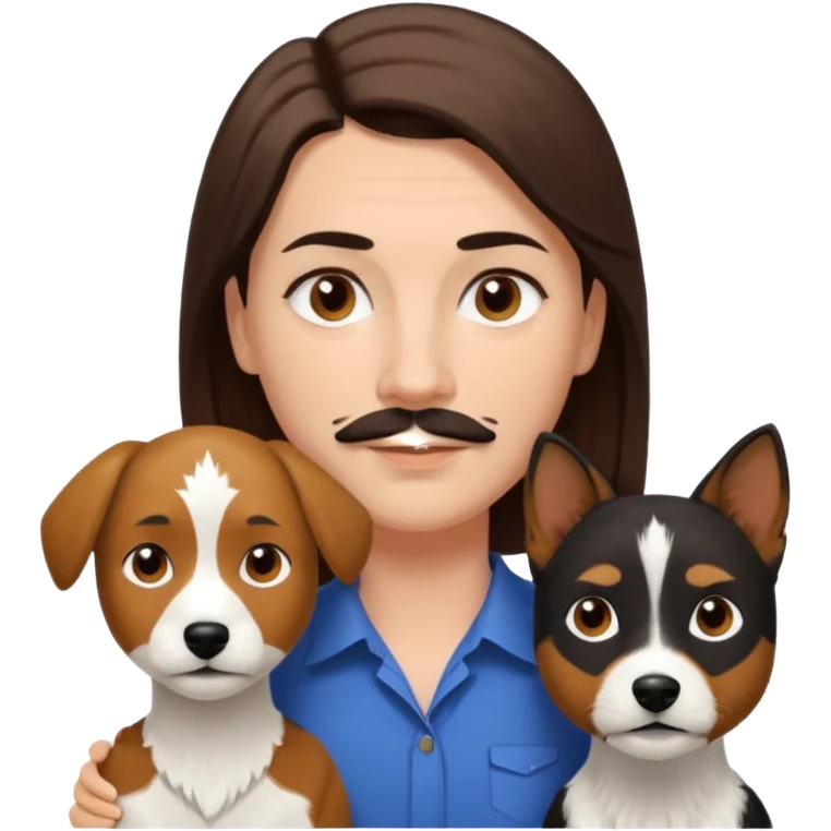 Quiero a una mujer blanca  con el pelo por el hombro lacio castaño  con un hombre de color morochito con el pelo negro y bigote, y un perro blanco Fox terrier  emoji
