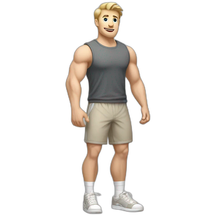 Full height Actively gesturing with hands Pale skinned Fit Man With the biceps and light brown hair with Bristle in dark gray Sleeveless Mike, beige oversize sports shorts and white Sneakers emoji