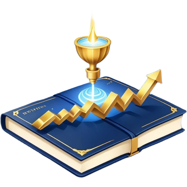 A navy blue productivity book with gold details, chart with upward trend aura, radiating productivity, strategy, and success in motion- emoji