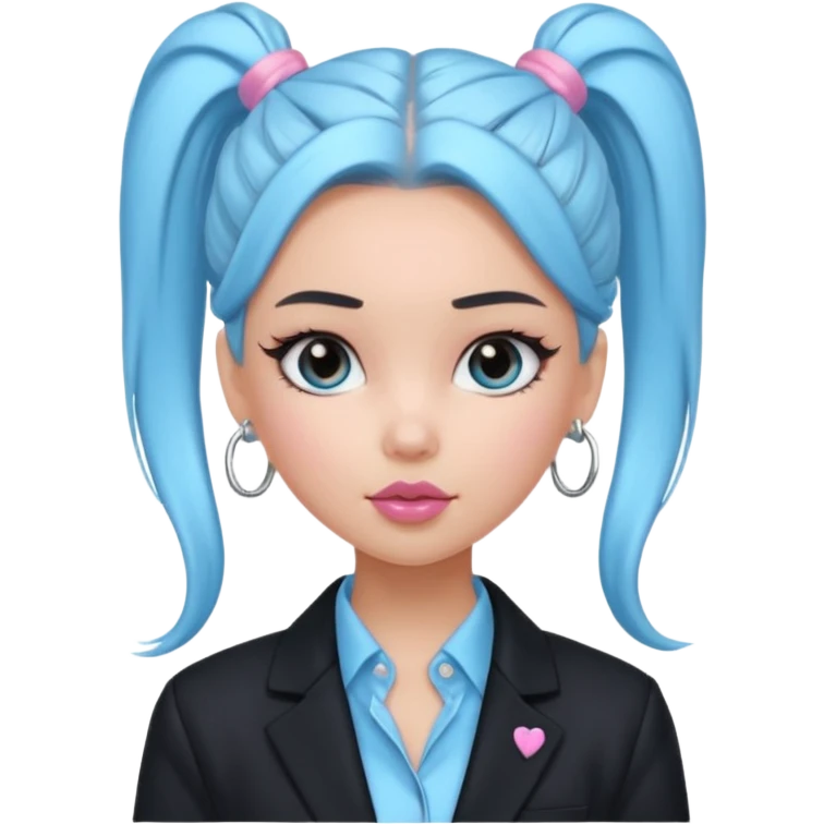 generate a pretty bratz girl wearing a light blue full sleeve shirt, silver small hoops, pink lipgloss, black blazer, hair tied up in a ponytail (black hair) emoji