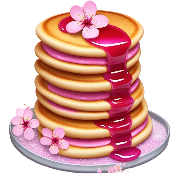 Stack of light pink pancakes with hot pink syrup and glitter and garnished with cherry blossoms emoji
