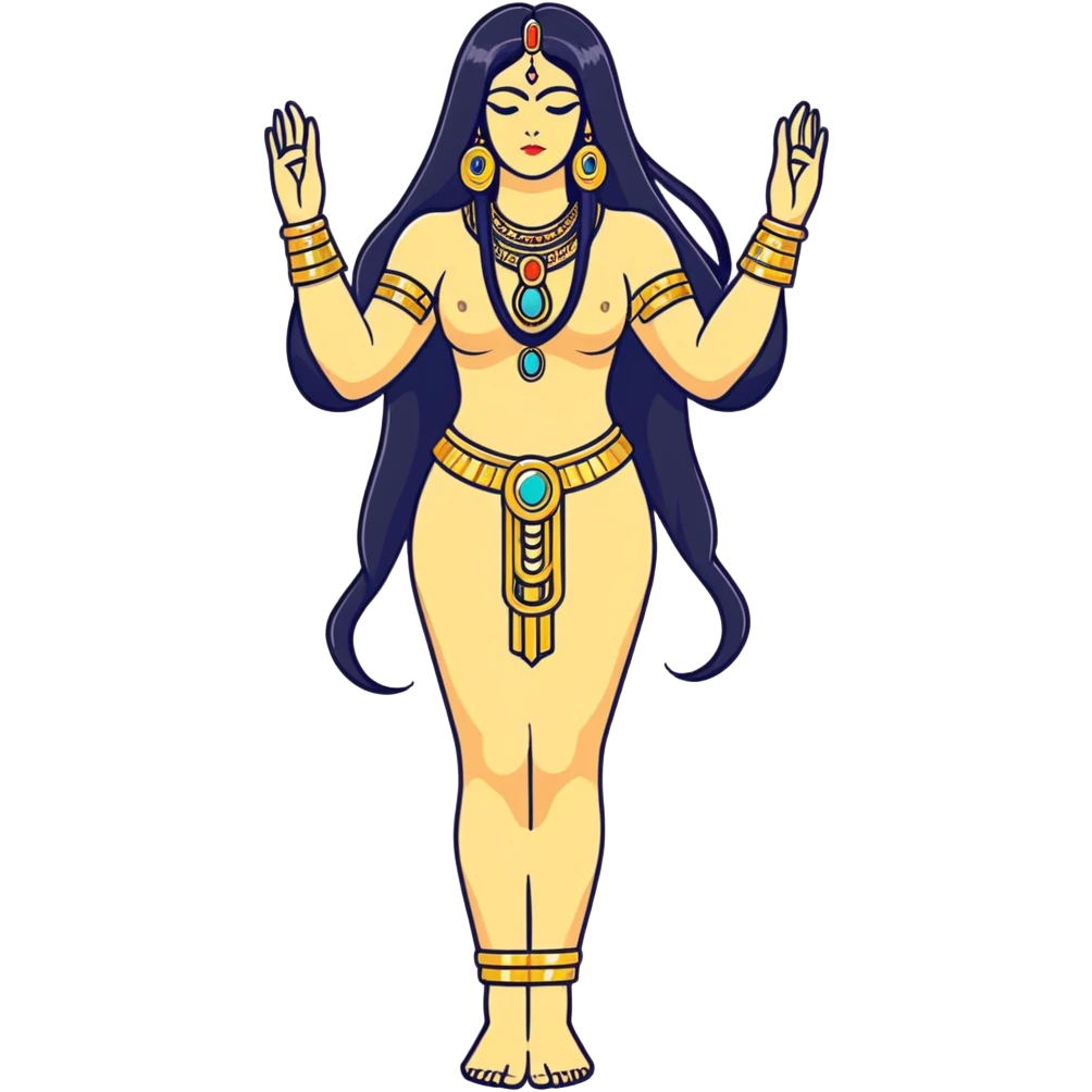 fullbody back view of Anunnaki goddess Inanna with lustrous long black hair, naked back, gold bracelets on wrists and delicate gold chains on her feet emoji