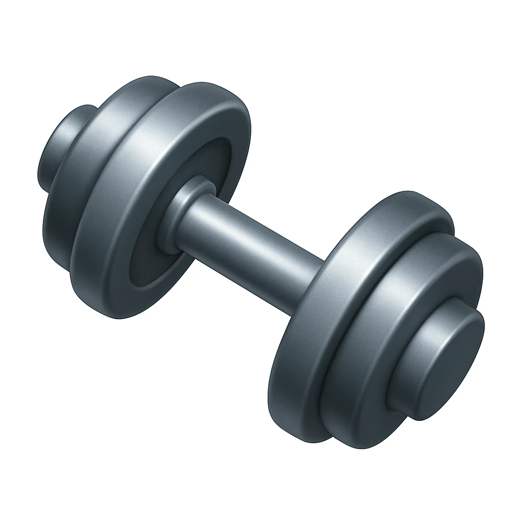 Create a dumbbell emoji that looks exactly like the reference image in iOS emoji style. The emoji should have a 3D appearance with shiny, smooth gradients, soft shadows, a realistic shape, and a metallic texture. Add a subtle highlight to the metal surface. emoji