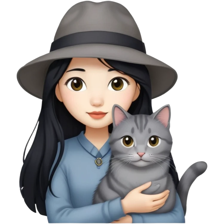 An Asian girl with long black hair, a hat, and a long gray Maine cat in her arms emoji