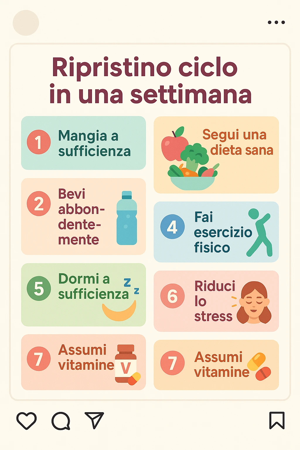 infografica stile post di instagram con titolo "Ripristino ciclo in una settimana" emoji